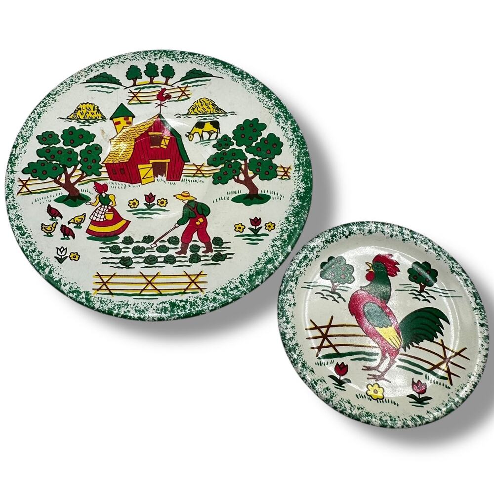 Vintage Ohio Art Tin Toy Tea Saucer Magnet Set x2 - Country Farm House